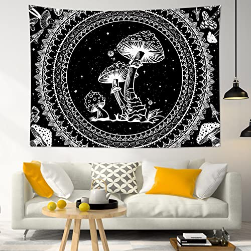 SCECALA Black and White Tapestry Wall Hanging Funny Mushroom with Boho Mandala Pattern Aesthetic Tapestries Vintage Botanical Blanket for Bedroom Living Room Teen Dorm Party Home Decor 59x51 Inch - color: Black and White, size: 51"L x 59"W
