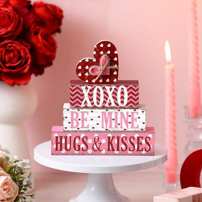 GlikCeil 4 Pcs Valentine's Day Table Sign Tiered Tray Decor Valentine's Day Heart Table Wood Block Decorations Centerpieces Farmhouse Rustic Be Mine Hug Kisses Decor for Home Office Desk Shelf Decors - style: Heart