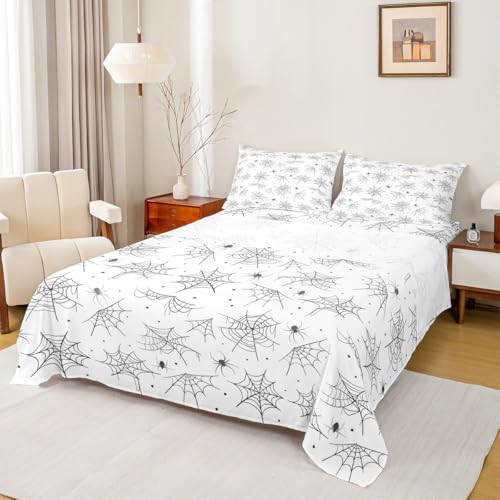 Feelyou Happy Halloween Bed Sheets Sets King Size Kids Boys Girls Black White Cobweb Bedding Set Spider Bed Sheet Set with 16-Inch Deep Pockets 4Pcs with 2 Pillow Cases - color: Black and White, size: King
