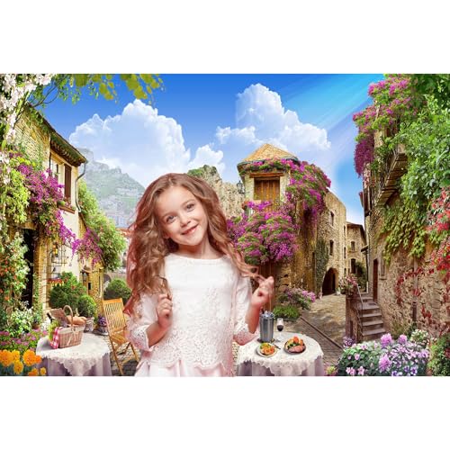 Italy Tuscany Backdrop Europe Ancient Old City Italy Photography Backdrop Tuscany Spring Floral Street Cafe Restaurant Mountain City Scenery Backdrop Italian Theme Party Portrait Photo Props 5x3ft - color: Purple_Brown, size: 5x3ft