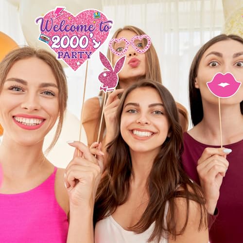 Y2K & 2000s Party Decorations Photo Booth Props Kit, Pink & Purple, Cardboard & Bamboo, 16 Themed Props, Y2K & 2000s Birthday Party Favors & Supplies