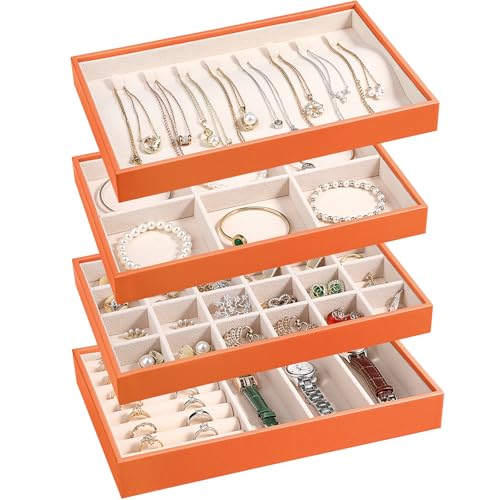 LANDICI Stackable Jewelry Organizer Trays 4 Set,PU Leather Jewelry Organizer Drawer,Jewelry Storage Display Tray for Earring Necklace Rings Bracelet with Removable Dividers,Orange - color: Orange