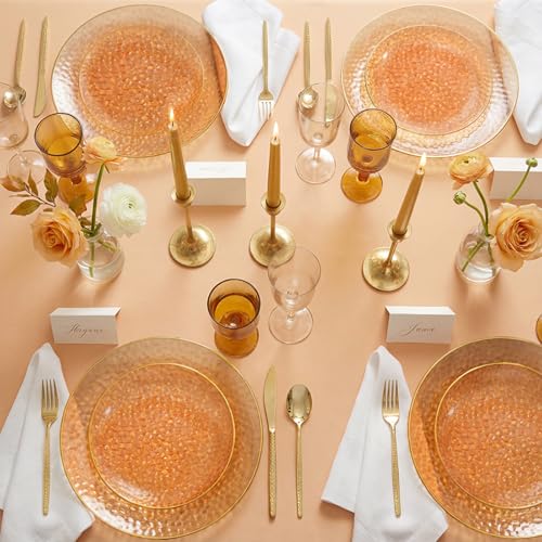 I00000 150Pcs Clear Orange Plastic Plates with Gold Rim,Orange Disposable Plastic Plates,Gold hammer patterned Disposable plates Set include 30 Dinner Plate,30 Dessert Plate,90 Silverware Set - color: Clear Orange
