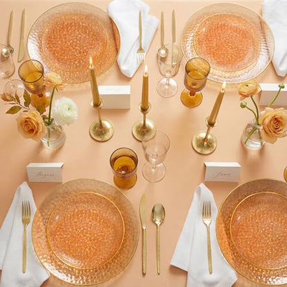 I00000 150Pcs Clear Orange Plastic Plates with Gold Rim,Orange Disposable Plastic Plates,Gold hammer patterned Disposable plates Set include 30 Dinner Plate,30 Dessert Plate,90 Silverware Set - color: Clear Orange