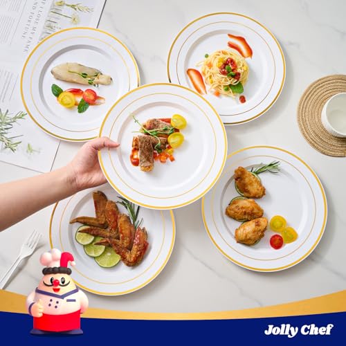 JOLLY CHEF 200 Pieces Gold Plastic Plates, 10 Inch Elegan Disposable Plates White Plate with Gold Rim,Plastic Plates for Christmas、Birthdays and Weddings - style: Gold-200