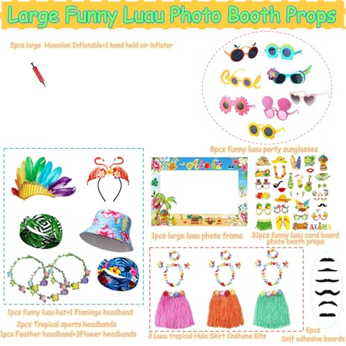 Large Summer Luau Photo Booth Props Set, Funny Hawaiian Sunglasses, Tropical Fancy Dress Props, Inflatable, Hawaiian Photo Booth Props for Summer Pool Beach Tiki Hawaii Themed Party Supplies