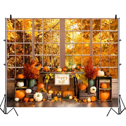 Fall Thanksgiving Backdrop for Photography 10x8ft Autumn Forest Window Pumpkin Harvest Maple Leaves Photo Backdrop Thanksgiving Friendsgiving Party Decor Kids Adult Portrait Photo Booth Props