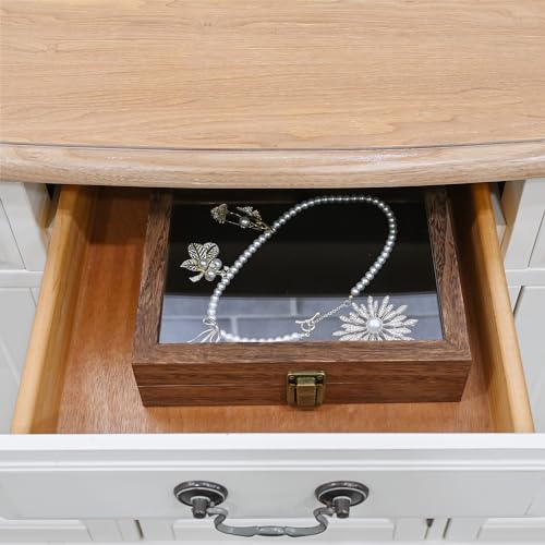 MOOCA Tempered-Glass Top 2 pieces Set Small Wooden Jewelry Display Case with Removable Black Luxurious Velvet Jewelry Display Pad, Deeper 2.2" Design for Collectibles, Brown Color. - color: Brown With Velvet Pad, 2 pieces