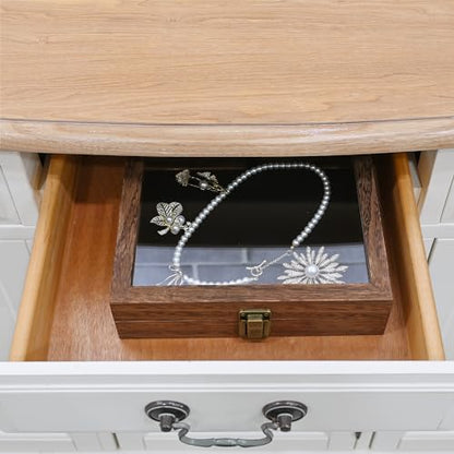 MOOCA Tempered-Glass Top 2 pieces Set Small Wooden Jewelry Display Case with Removable Black Luxurious Velvet Jewelry Display Pad, Deeper 2.2" Design for Collectibles, Brown Color. - color: Brown With Velvet Pad, 2 pieces