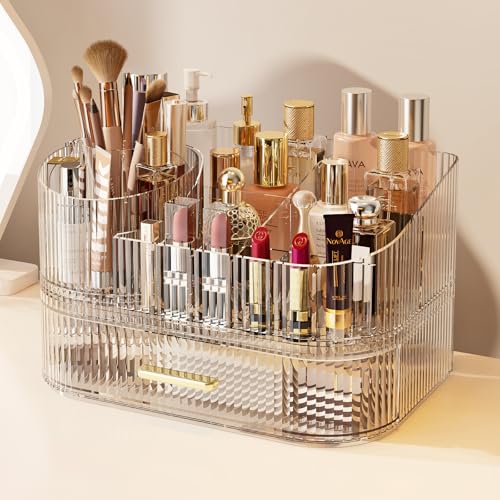 Makeup Organizer with 360° Rotating Brush Holder and Stackable Drawers, Cosmetic Display Case for Vanity, Bathroom Countertop (Clear, 2 Layer) - color: Clear, size: 2 Layer