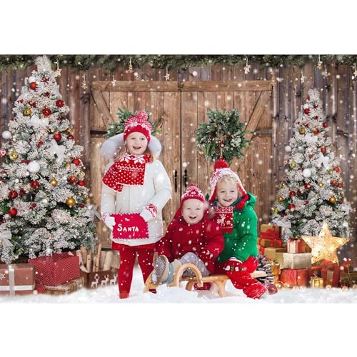 8x6FT Polyester Fabric Winter Christmas Rustic Barn Wood Door Photography Backdrop Xmas Tree Snow Background Banner for Family Holiday Party Decoration Supplies Photo Studio Props Pictures - size: 8'x6'
