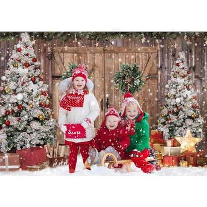 8x6FT Polyester Fabric Winter Christmas Rustic Barn Wood Door Photography Backdrop Xmas Tree Snow Background Banner for Family Holiday Party Decoration Supplies Photo Studio Props Pictures - size: 8'x6'