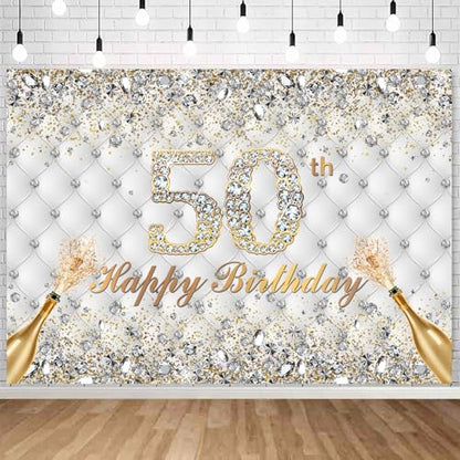 Withu White Gold 50th Birthday Backdrop for Men Women Shining Diamond Crystals Cheers to 50 Years Old Champagne Fifty Birthday Party Decorations Photography Banner Background 8x6ft - size: 8x6ft