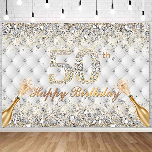 Withu White Gold 50th Birthday Backdrop for Men Women Shining Diamond Crystals Cheers to 50 Years Old Champagne Fifty Birthday Party Decorations Photography Banner Background 7x5ft - size: 7x5ft