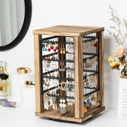 Emfogo 360 Earring Holder Organizer, Rustic Wood Earring Stand, Rotating Wooden Display, 4 Tiers Earring Organizer Stand for Stud Earrings, Hoop Earrings & Necklaces, Women Gifts - color: Brown