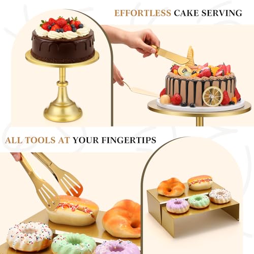 Lallisa 11 Pcs Gold Cake Stand Set Cake Stand Set for Dessert Table 3 Size Metal Round Cakes Pedestal Stands with 4 Size Cupcake Risers Stands Clamp, Cakes Knife and Server for Party Birthday Wedding