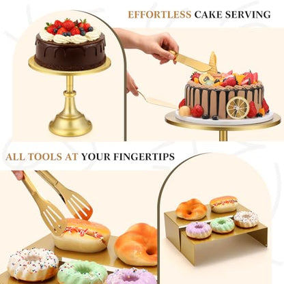 Lallisa 11 Pcs Gold Cake Stand Set Cake Stand Set for Dessert Table 3 Size Metal Round Cakes Pedestal Stands with 4 Size Cupcake Risers Stands Clamp, Cakes Knife and Server for Party Birthday Wedding