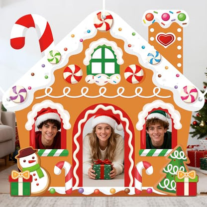 WovWeave Large Christmas Party Decorations Christmas Gingerbread House Photo Booth Props Selfie Frame Fabric Backdrop Xmas Tree Snowman Candy Background for Xmas Winter Holiday Decor 71 x 65 Inch - style: Gingerbread House