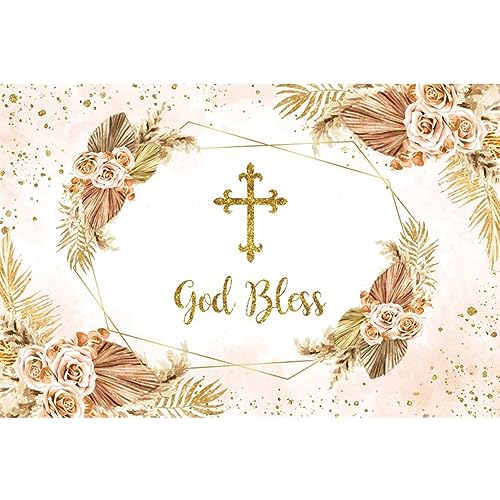 Boho Flowers God Bless Backdrop for Photography First Holy Communion Christening Baptism Photo Backdrop 10x8ft Mi Bautizo Background Girl Baby Shower Party Birthday Decoration Banner Props