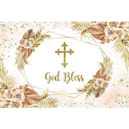 Boho Flowers God Bless Backdrop for Photography First Holy Communion Christening Baptism Photo Backdrop 10x8ft Mi Bautizo Background Girl Baby Shower Party Birthday Decoration Banner Props