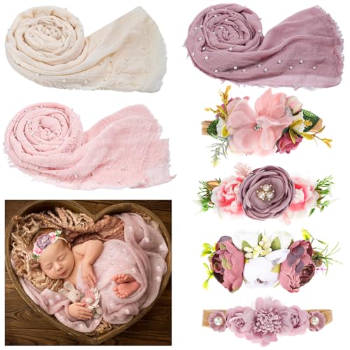 Buryeah 7 Pcs Baby Photoshoot Props Wrap Kit Includes 3 Pcs 66.9 x 35.4'' Newborn Photography Props 4 Pcs Baby Flower Headband Photo Supplies for Boy Girl Infant Toddler