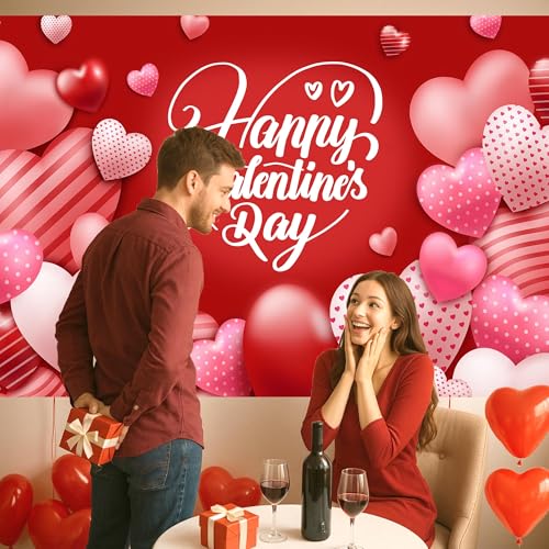 Valentine's Day Photography Backdrop 72 x 44 Inch - Pink Red Heart Filled Happy Valentine's Day Banner for Romantic Shoots - color: Red