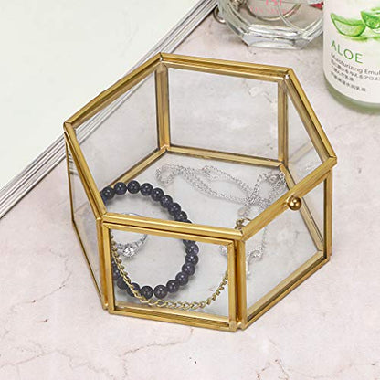 Hipiwe Preserved Flower Glass Box, Hexagon Glass Jewelry Decorative Bin, Ornate Trinket Display Organizer Case Keepsake Box Gift for Women