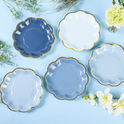 AimFun 48 Pcs Dusty Blue Party Plates Gradient Blue Dessert Paper Plates 7inch Gold Foil Scalloped Edge Disposable Cake Plates for Tea Party Birthday Bridal Baby Shower Wedding Party Supplies - color: Dusty Blue