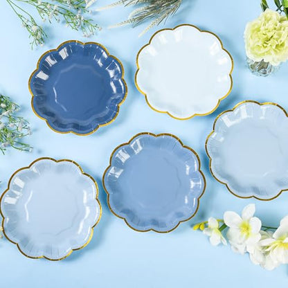 AimFun 48 Pcs Dusty Blue Party Plates Gradient Blue Dessert Paper Plates 7inch Gold Foil Scalloped Edge Disposable Cake Plates for Tea Party Birthday Bridal Baby Shower Wedding Party Supplies - color: Dusty Blue