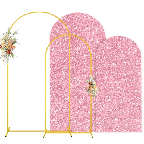 MODFUNS Arch Backdrop Stand and Cover 6&7.2ft Pink Gold Sequins Arch Cover Set of 2 Metal Arch Stand with Covers Double Sided Sparkle Backdrop Stands for Wedding Party Birthday Decor - color: Pink Gold, size: 6&7.2FT-Set