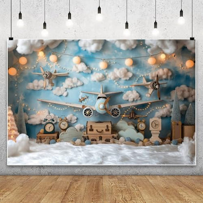 YongFoto Travel Adventure Aircraft Backdrop 5x3ft Cute Clouds Sky Airplane Photography Background Adventure Awaits Baby Shower Boy 1st 2nd Birthday Party Banner Kids Portraits Photoshoot Wallpaper - color: Style 2, size: 5ftx3ft