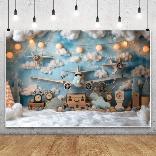 YongFoto Travel Adventure Aircraft Backdrop 6x4ft Cute Clouds Sky Airplane Photography Background Adventure Awaits Baby Shower Boy 1st 2nd Birthday Party Banner Kids Portraits Photoshoot Wallpaper - color: Style 2, size: 6ftx4ft