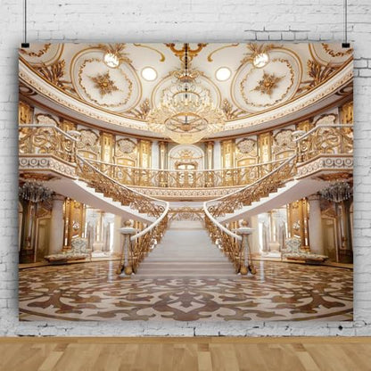 Yeele 15x8ft Luxurious Palace Backdrop for Photography Golden Castle Chandelier Staircase Royal Villa Background for Wedding Bridal Shower Anniversary Decor Portrait Photo Studio Shoot Props Vinyl - size: 15x8ft