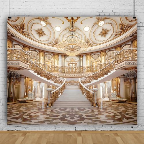 Yeele 9x6ft Luxurious Palace Backdrop for Photography Golden Castle Chandelier Staircase Royal Villa Background for Wedding Bridal Shower Anniversary Decor Portrait Photo Studio Shoot Props Vinyl - size: 9x6ft