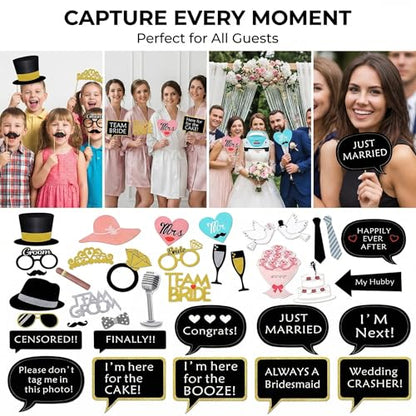 Kotbs 52pcs Wedding Photo Booth Props, Bachelorette Party Photo Booth Prop Kit for Bridal Shower, Engagement and Valentines Party, Photobooth Props Wedding Party Supplies