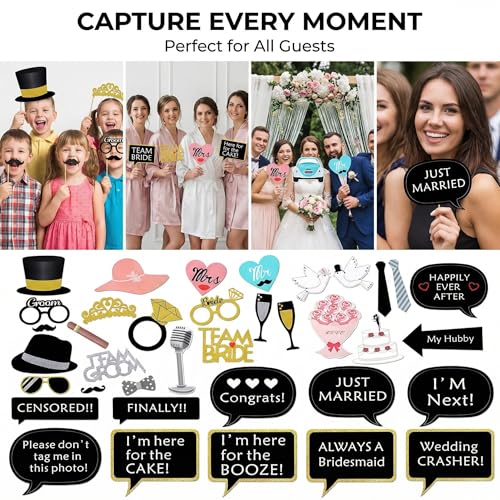 Kotbs 52pcs Wedding Photo Booth Props, Bachelorette Party Photo Booth Prop Kit for Bridal Shower, Engagement and Valentines Party, Photobooth Props Wedding Party Supplies