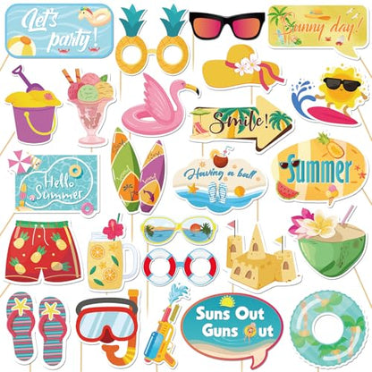 25 Pcs Summer Beach Photo Booth Props Kit, Hawaiian Luau Themed Selfie Decorations, Baby Shower, Wedding Birthday Aloha Party Photography Supplies