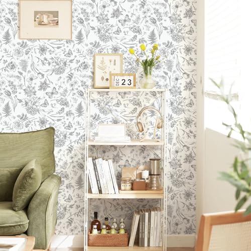 Peel and Stick Wallpaper Floral Gray Leaves Contact Paper Butterfly Boho 17.3" x 78.7" Flower Removable Self-Adhesive Wallpaper for Bedroom Waterproof Shelf Liner Decal Vinyl Roll - color: Grey and White, size: 17.3" x 78.7"