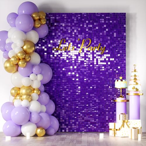 COKAOBE Purple Shimmer Wall Backdrop, 24PCS Square Sequin Shimmer Backdrop Panel, Photo Backdrops for Birthday, Anniversary, Wedding, Graduation & Bachelorette Party Decoration - color: Purple, size: 24pcs (6x4ft)