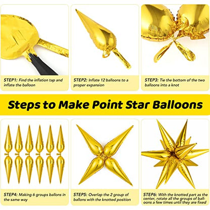 Gold Star Balloons - 74 Pcs Big 26 Inch Mylar Spike Balloons, 12 Point Star Explosion Foil Cone Balloon for Birthday, Wedding, Graduation, New Years, Party Supplies - color: Gold Star Cones, 26 Inch