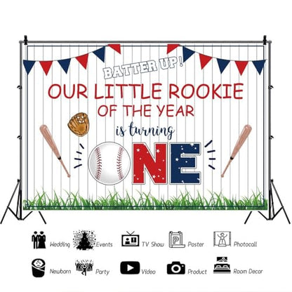 12x6ft Baby Boy 1st Birthday Backdrop Red Blue Triangle Flag Baseball Bat White Wood Texture Photography Background Our Little Rookie of The Year is Turning Banner Cake Table Decor Photo Booth Props - size: 12x6ft