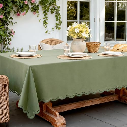 Olive Green Rectangle Tablecloth Linen Textured Waterproof & Stain Resistant Outdoor Table Cloth Spring Decorative Scalloped Cutouts Farmhouse Table Cover for Dining, Parties and Camping, 52 x 70 Inch - color: Olive Green, size: 70" x 52" (Rectangular)