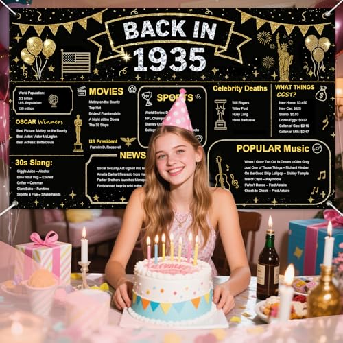 IVN Back in 1935 Backdrop Banner 71x43 Inch Black and Gold Birthday Party Decorations Photography Background Photo Booth Props for Men Women - color: Back in 1935