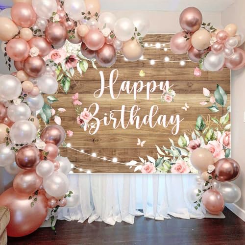 Sensfun Rustic Wood Floral Birthday Backdrop Spring Pink Flower Wooden Happy Bday Photography Background Butterfly Women Girls Birthday Banner Party Decorations Supplies Photo Studio Props 10x7ft - size: 10x7Ft