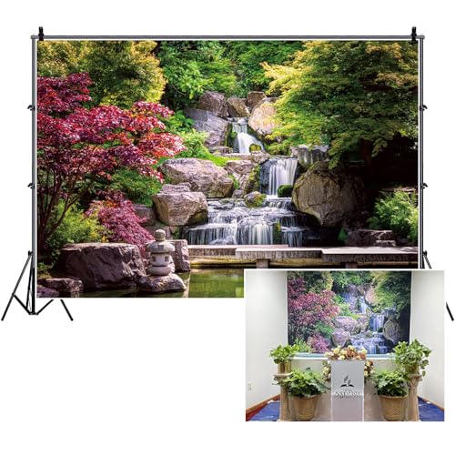 6x4ft Japan Garden Landscape Backdrop Retro Style Park View Photography Background Waterfall Maple Trees Bridge Kyoto Garden Travel Children Adult Portrait Photo Studio Props Wallpaper - size: 6x4ft
