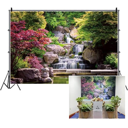8x6ft Japan Garden Landscape Backdrop Retro Style Park View Photography Background Waterfall Maple Trees Bridge Kyoto Garden Travel Children Adult Portrait Photo Studio Props Wallpaper - size: 8x6ft