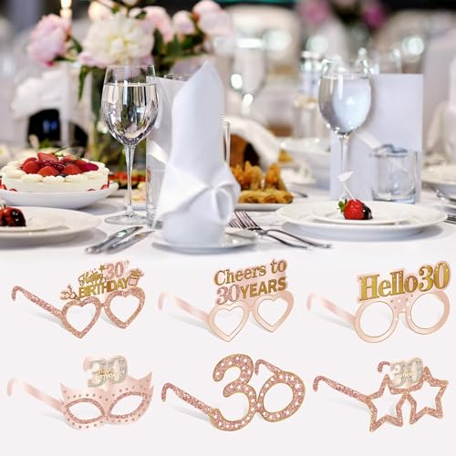 Guiruiy 24PCS 30th Birthday Paper Eyeglasses Decorations for Women, Pink Rose Gold Happy 30th Birthday Eyeglasses Party Supplies, Funny Thirty Year Old Birthday Glasses Decor - style: Rose Gold 30th