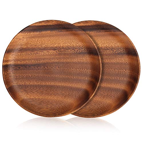 2 Pcs 10 Inch Acacia Wood Dinner Plates Set for Eating Wooden Round Charcuterie Boards Kitchen Serving Platters for Food Dishes Cheese Tray Dessert Salad Plate Wood Charger Plates Decorative Trays - size: 10 Inch