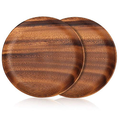 Ayiaren 12 Inch Best Acacia Wooden Dinner Plates Set of 2, Round Wood Serving Tray Wooden Plates for Eating Salad Fruit Food Dishe Platter Charcuterie Boards Charger Plate Cheese Serving Board - size: 12 Inch