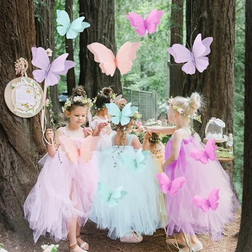 3D Hanging Butterfly Decorations, Butterfly Birthday Party Decorations, 4 Pcs Crepe Paper Butterfly Hanging Decorations for Girls, Women, Flower Garden Party Decorations - color: Purple Green